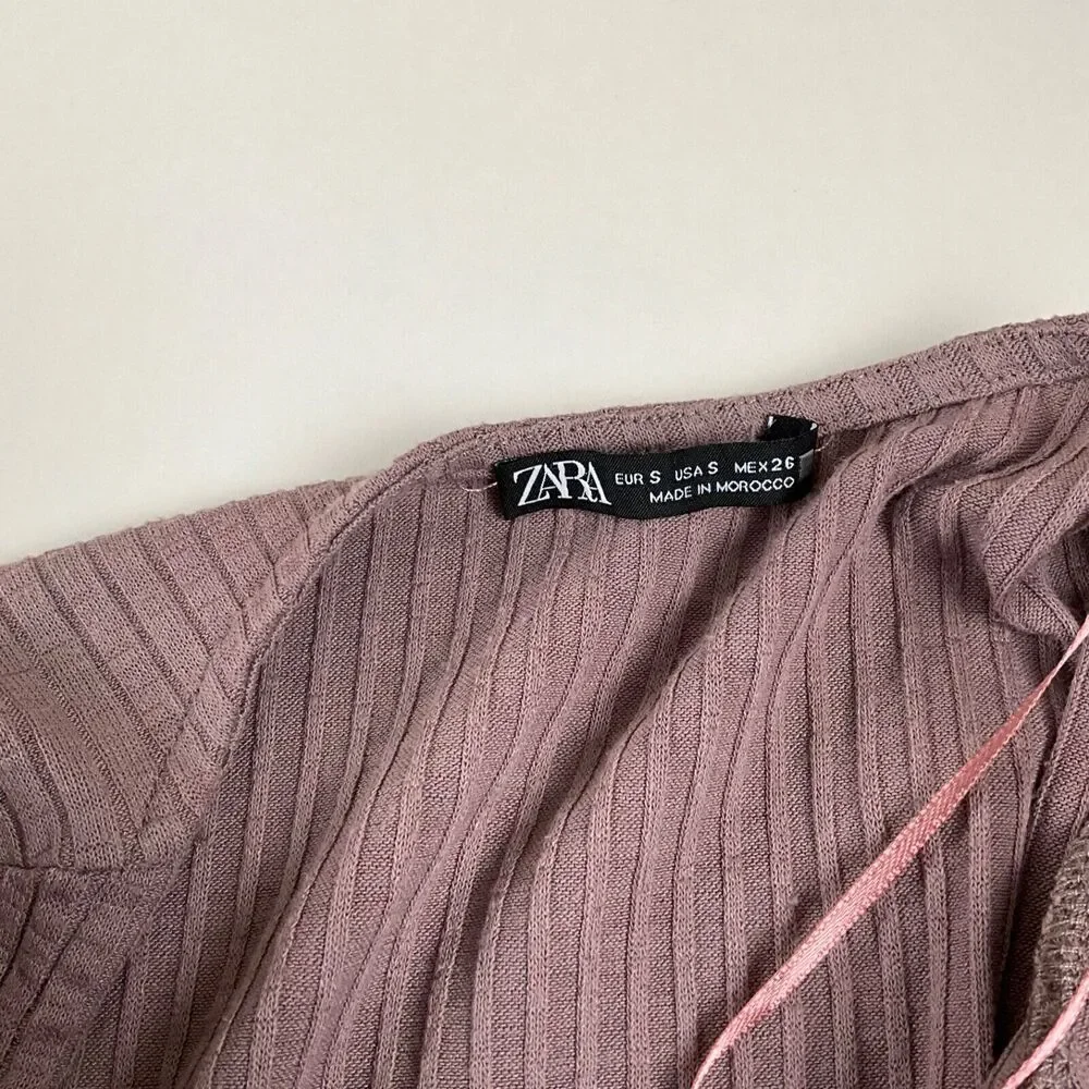 Zara Long Sleeve Brown Mauve Ribbed Long sleeve Crop Top Womens Sz S
